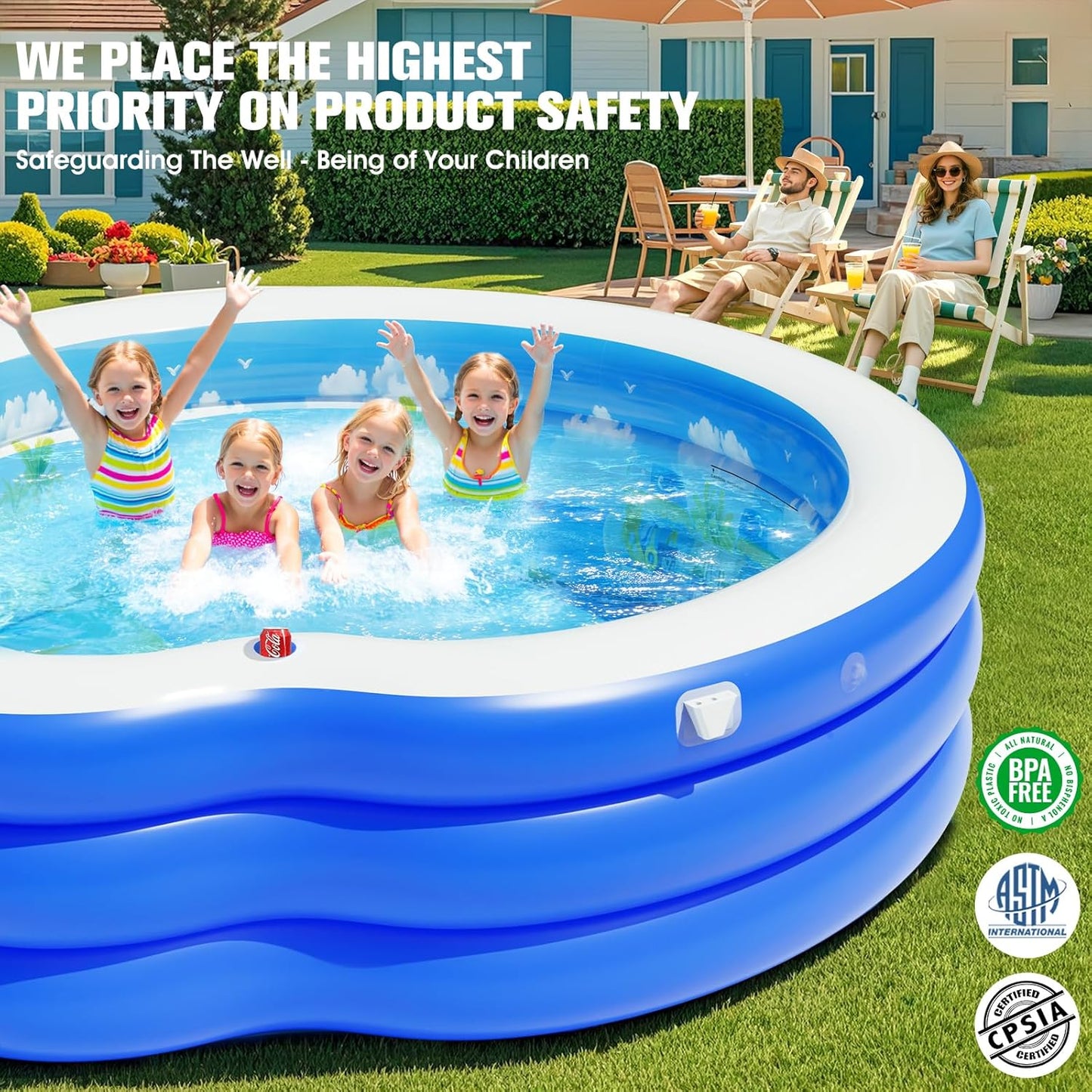 2026 Extra Large Inflatable Family Pool with Canopy – Round Backyard Lounge Pool with Bench & Backrest for Kids & Adults – 90" x 90" x 80"