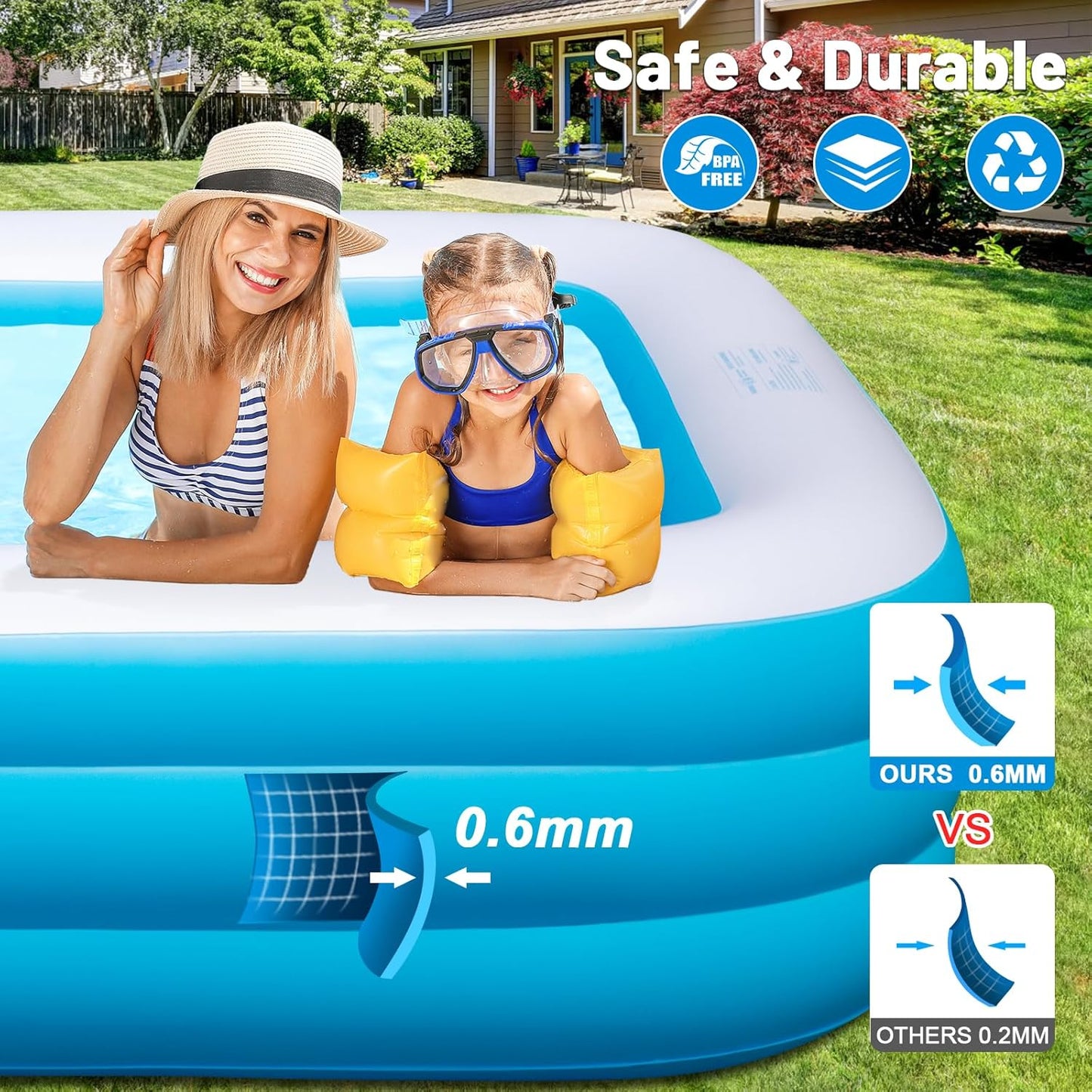 Inflatable Solar Pool with Lights, 7-Color Blow-Up Pool for Kids and Adults