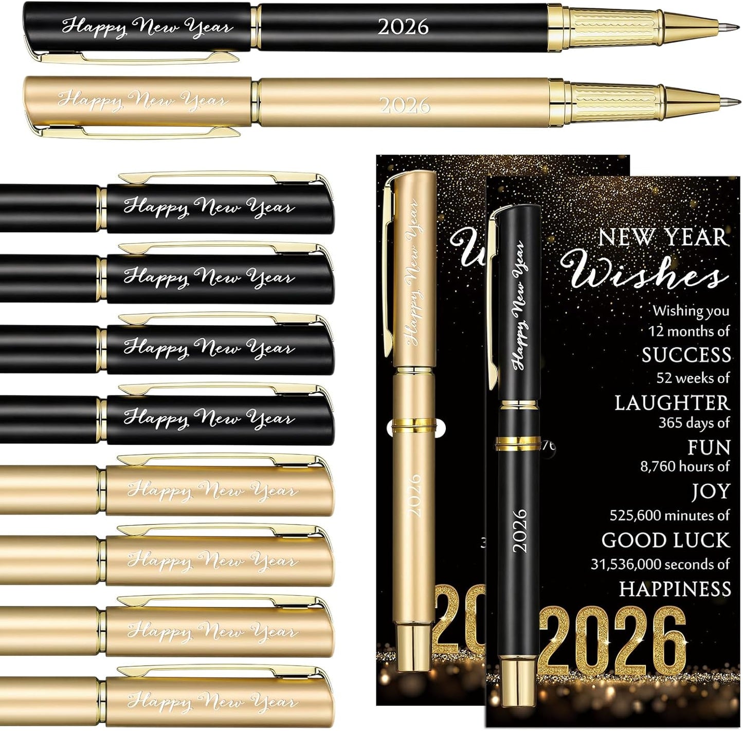 40 Sets Happy New Year Gifts - Inspirational Metal Ballpoint Pens with Blessing Cards for Parties and Favors