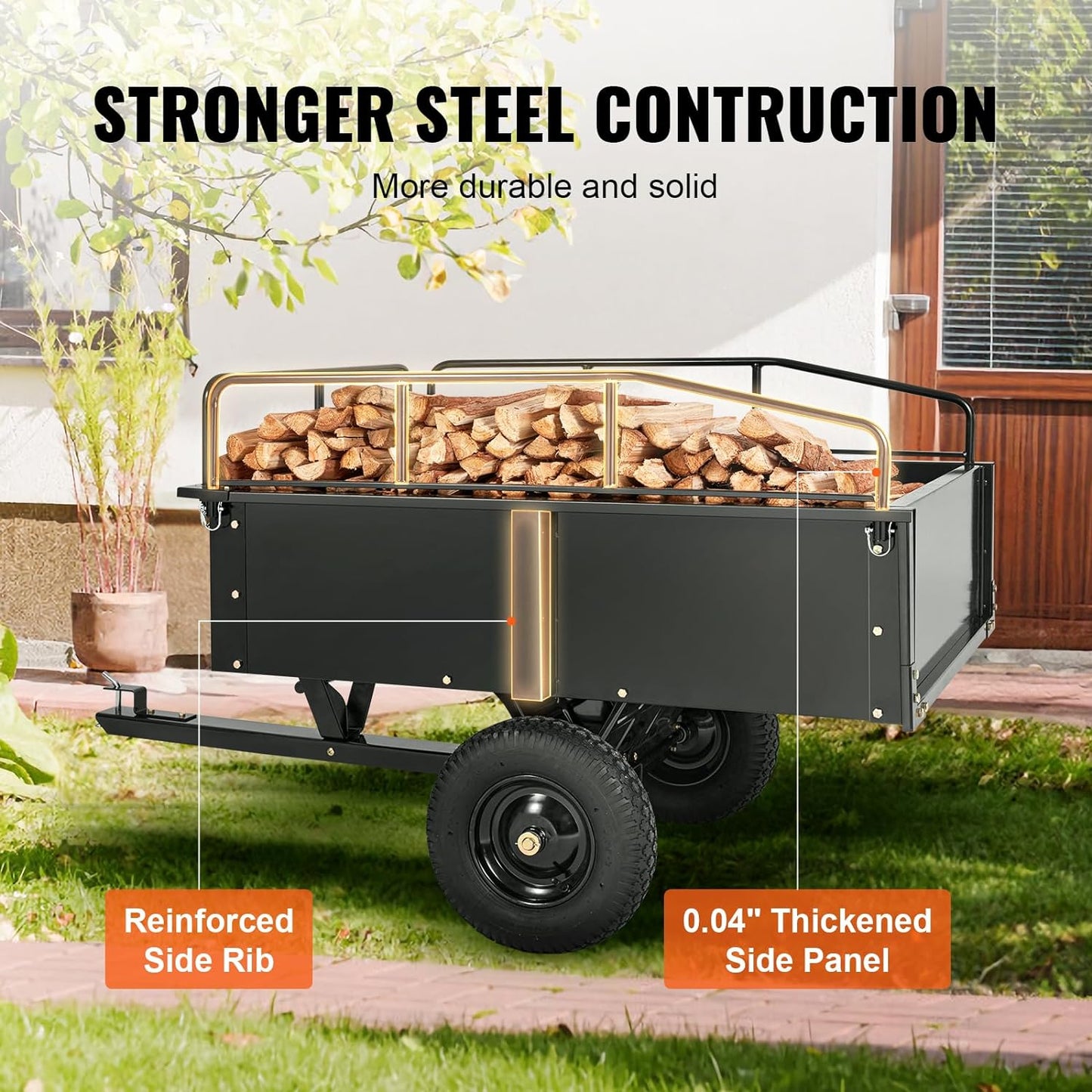 Heavy-Duty ATV Steel Dump Cart – 750 lb Capacity, 15 Cu. Ft. Garden Utility Trailer with Removable Sides