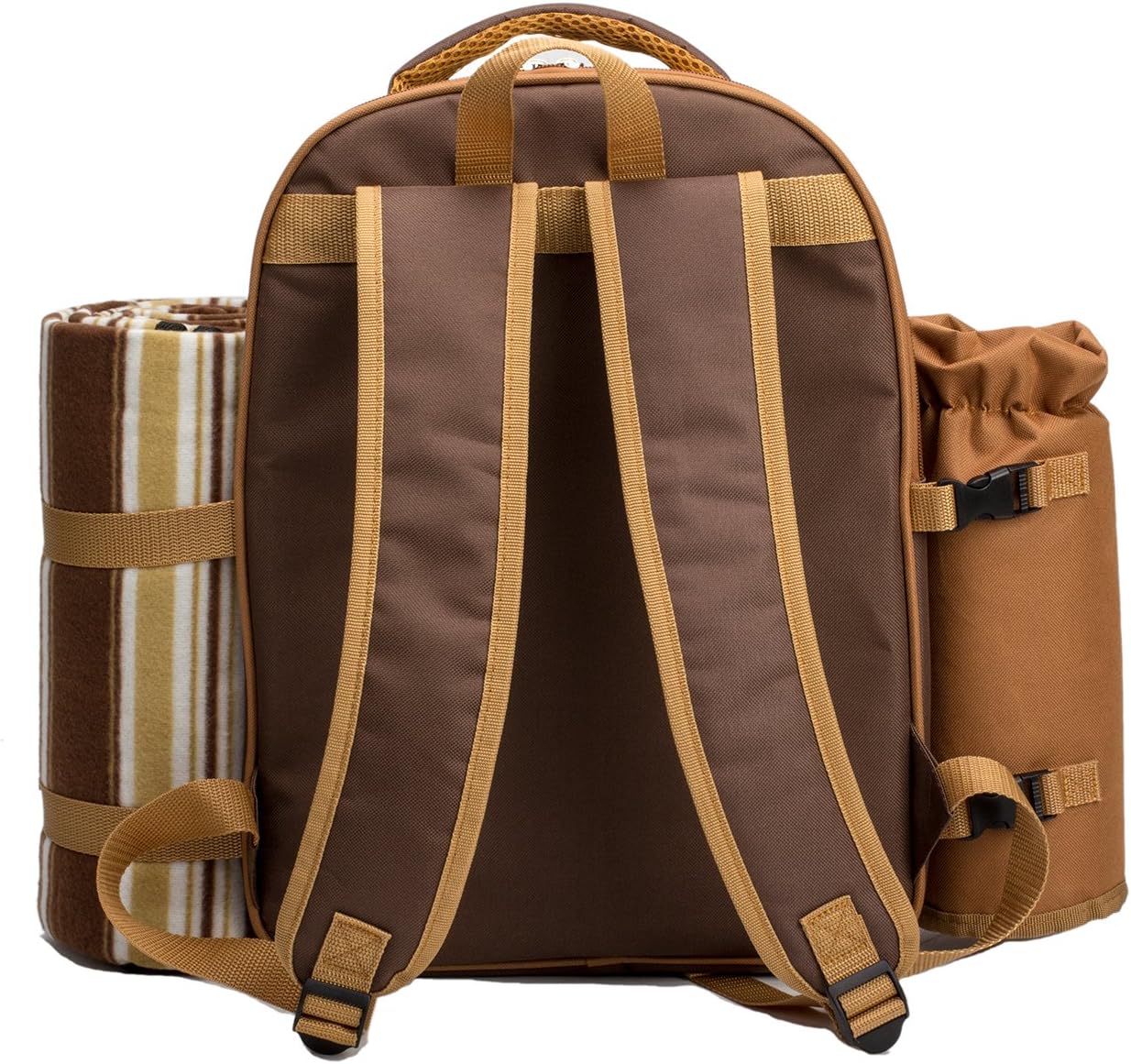 Picnic Backpack for 4 – Includes Cooler Compartment, Wine Bag & 45"x53" Blanket (Brown)
