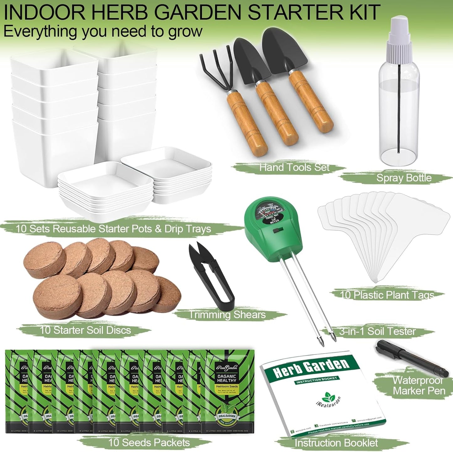 Indoor Herb Garden Kit – 10 Non-GMO Seeds with Pots, Soil & Moisture Meter