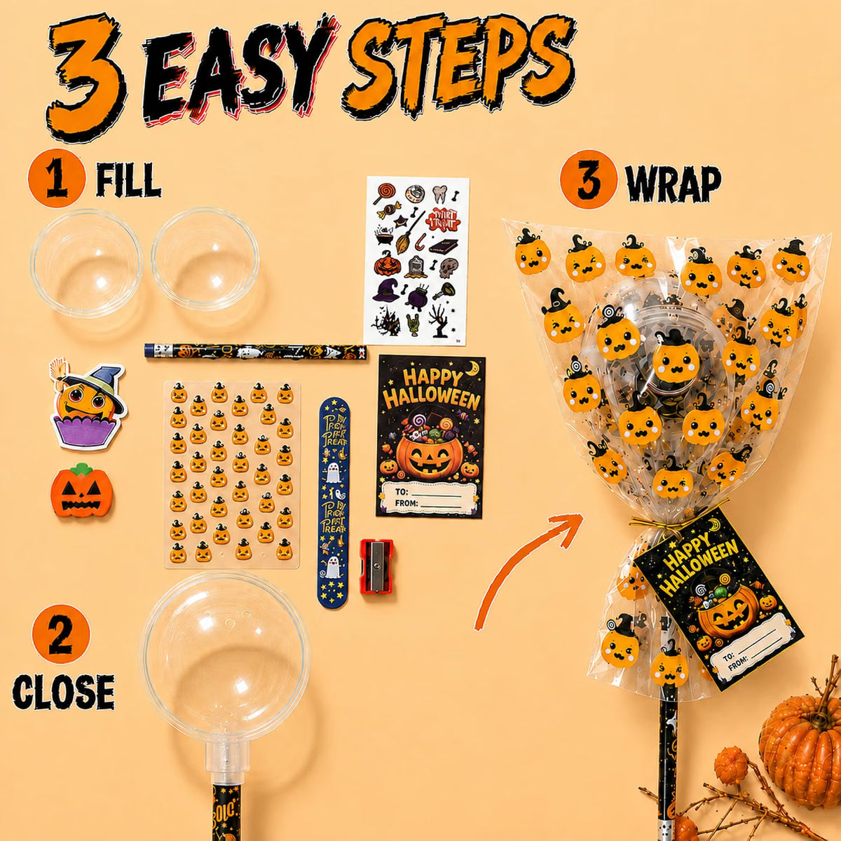 26-Pack Halloween Party Favors for Kids – Lollipop-Shaped Stationery Gift Set with Pencils, Erasers, Tattoos, Bracelets & Cards