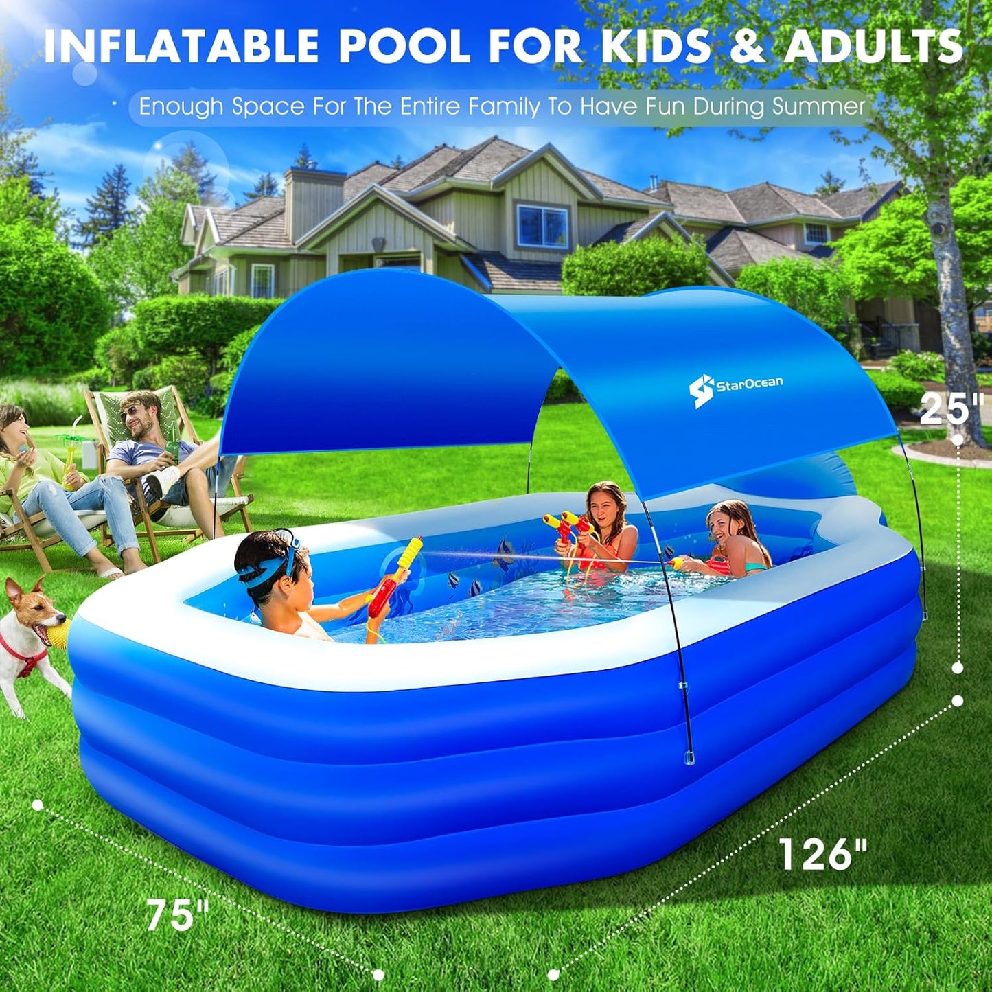 Large Inflatable Pool with Canopy, Seats, and Backrest for Kids and Adults