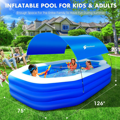Large Inflatable Pool with Canopy, Seats, and Backrest for Kids and Adults