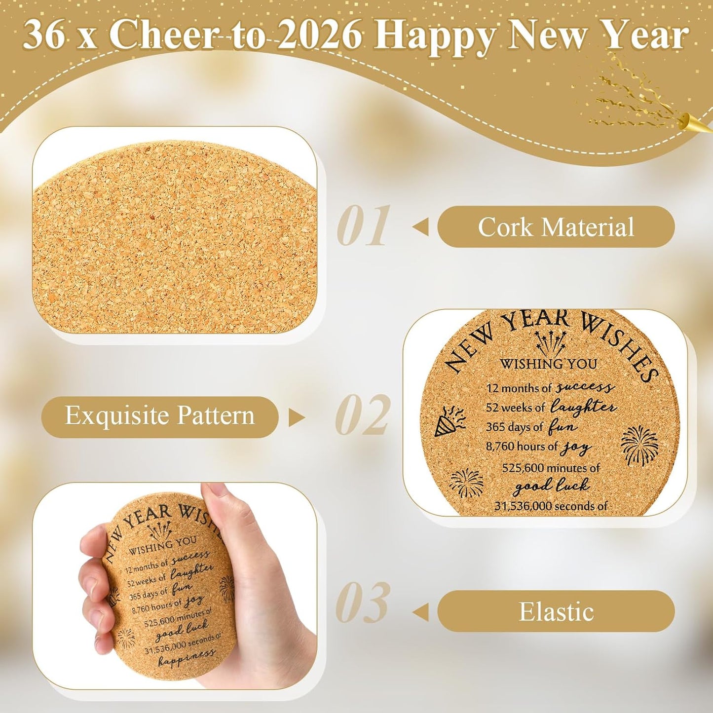 20 Sets Happy New Year Gifts - Cork Coasters with Blessing Cards for Guests (3.94" Cup Holders)