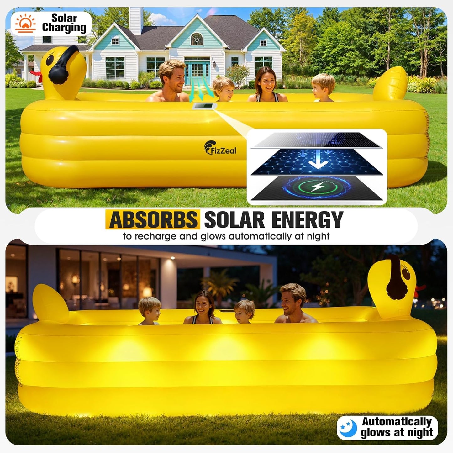 Solar Duck Inflatable Swimming Pool – Large Family Blow Up Kiddie Pool for Kids & Adults – 100" x 63" x 22"