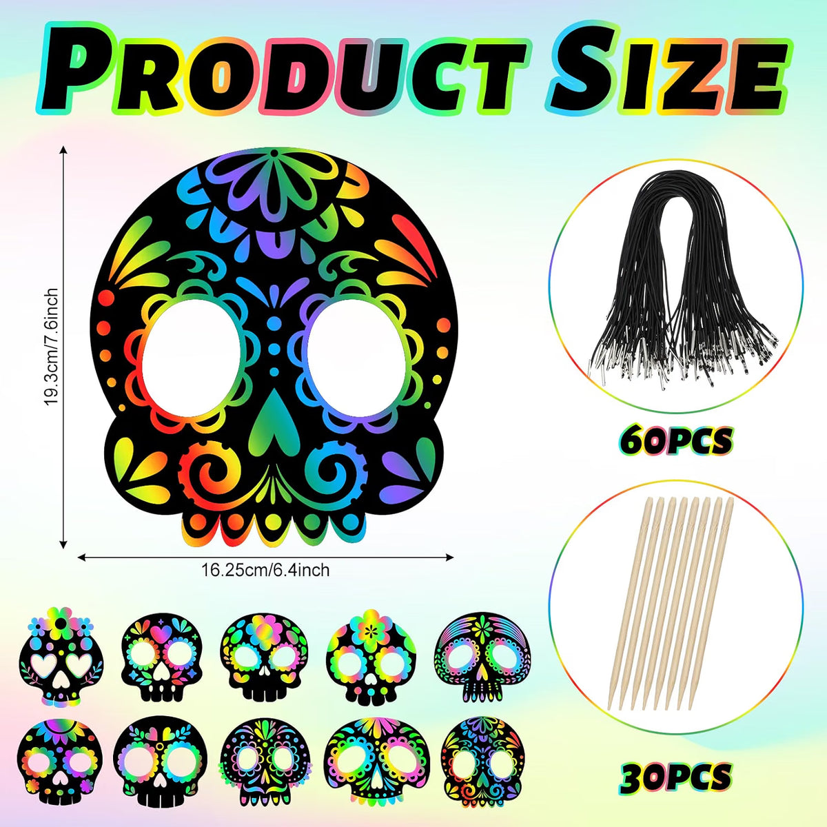 60-Piece Day of the Dead Scratch Skull Masks – DIY Halloween Party Favors & Kids Craft Activity