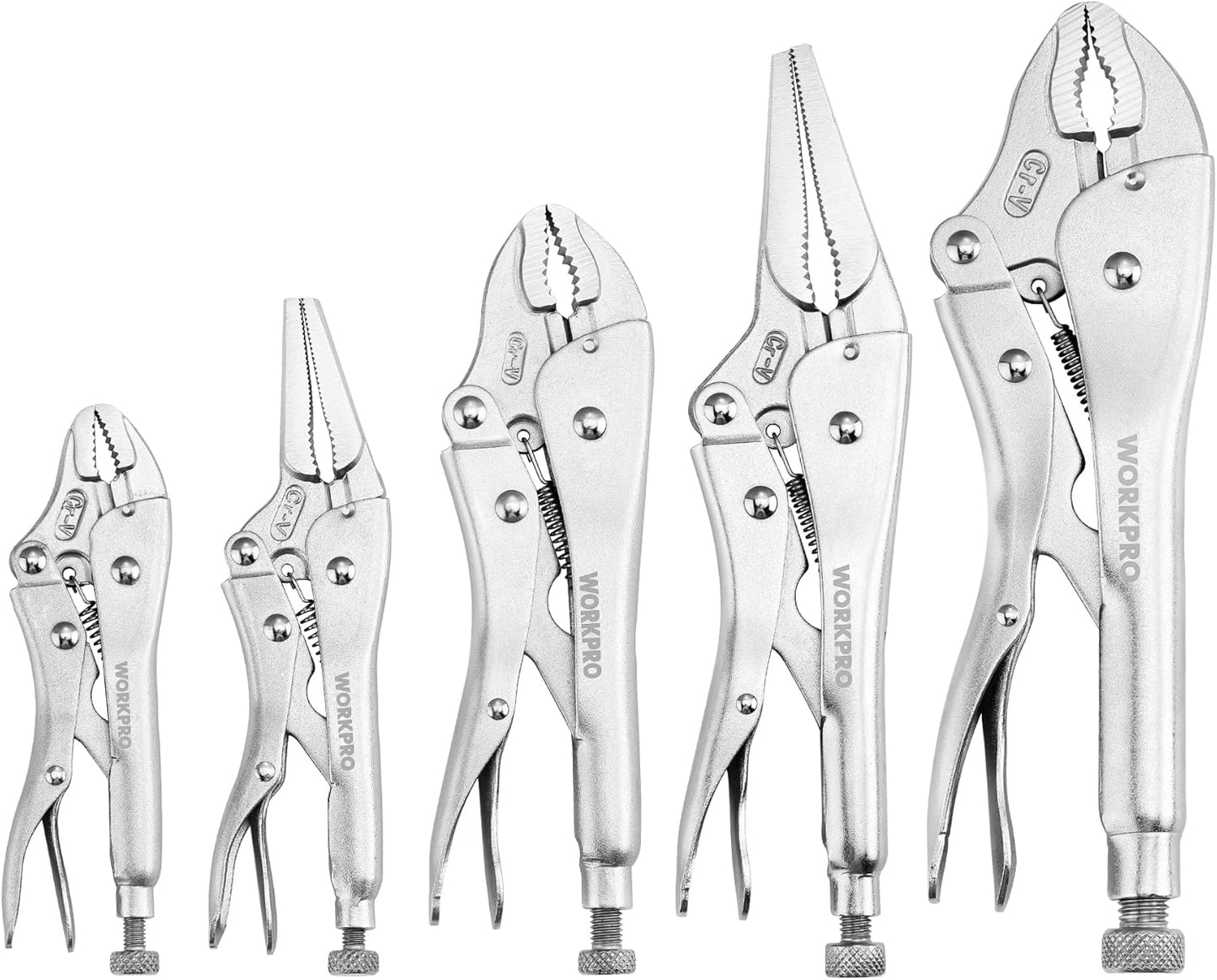 5-Piece Locking Pliers Set with Chrome-Vanadium Steel, 5/7/10" Curved & 6.5/9" Long Nose Pliers