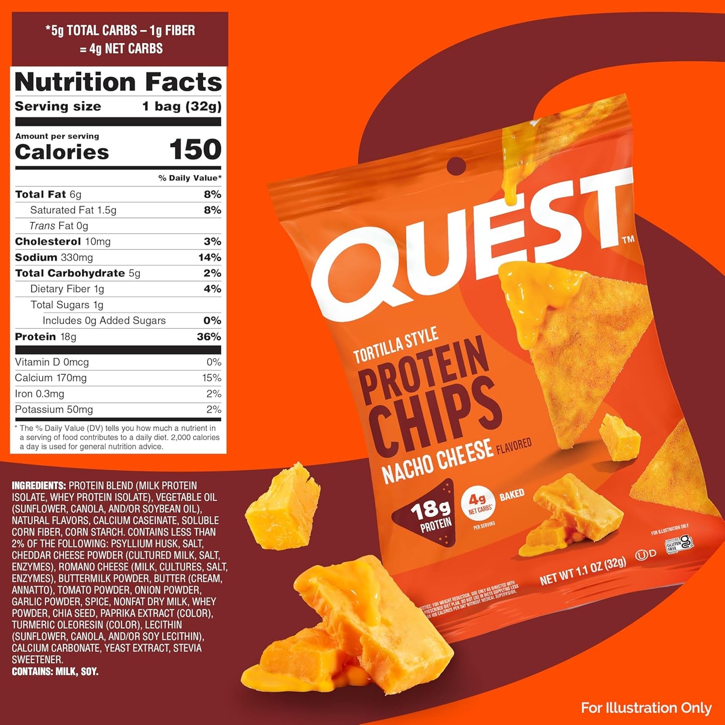 Nacho Cheese Protein Chips – 18g Protein, 4g Net Carbs, Gluten Free – 1.1 oz (12 Pack)