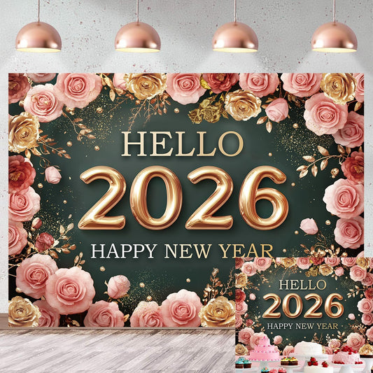 Hello 2026 New Year Backdrop – 8x6 FT Photography Background for Party Décor