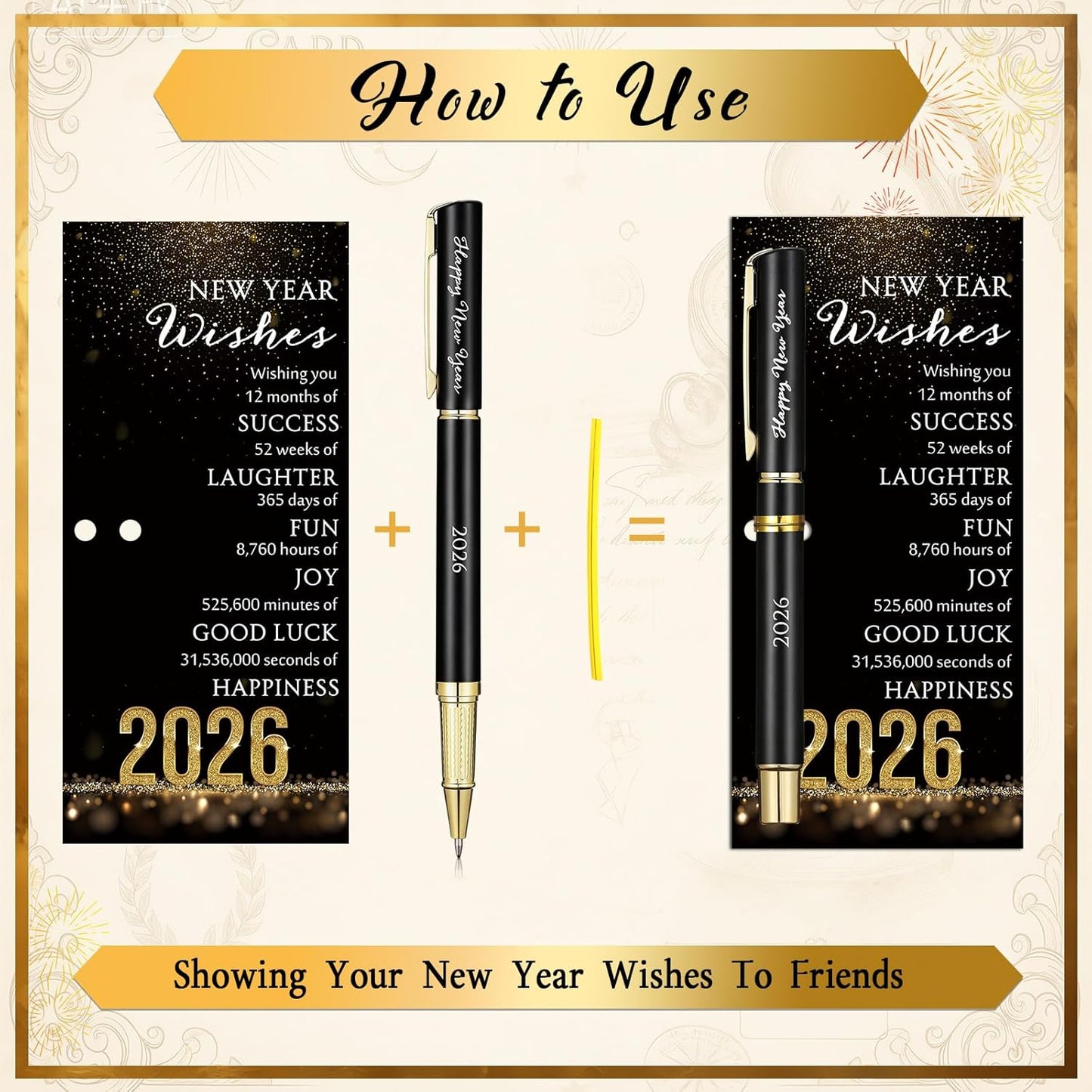 40 Sets Happy New Year Gifts - Inspirational Metal Ballpoint Pens with Blessing Cards for Parties and Favors