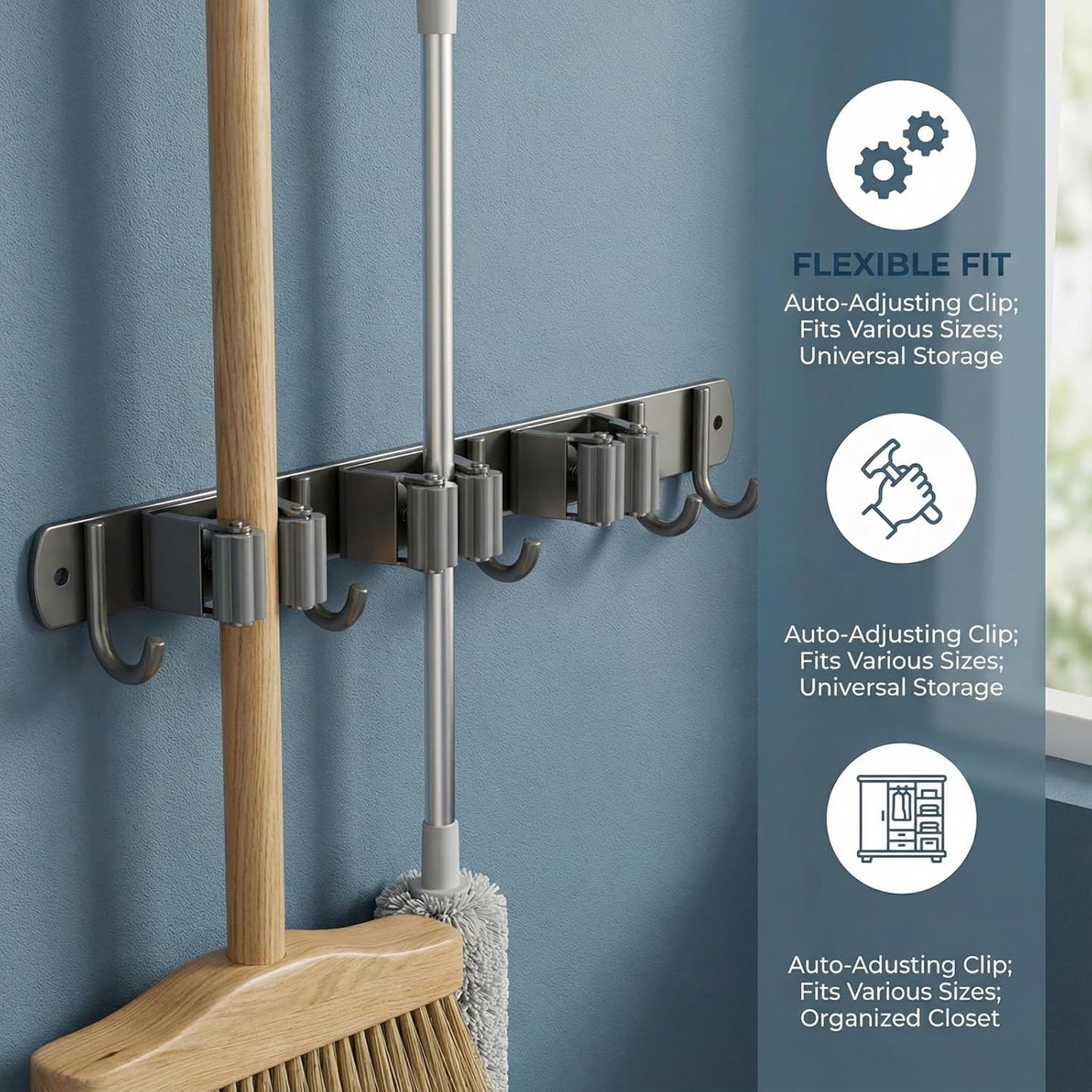 Wall Mount Organizer with Shelf & Heavy-Duty Hooks – Holder for Brooms, Mops, Vacuums & Cleaning Supplies – Garage, Laundry & Closet Storage