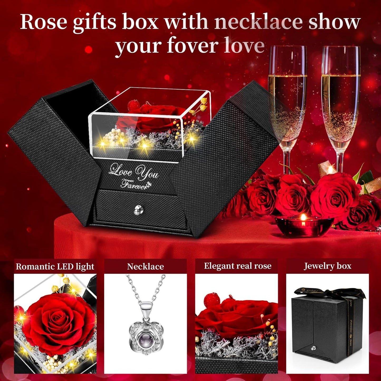 Preserved Red Real Rose with Heart I Love You Necklace, Romantic Gift for Women