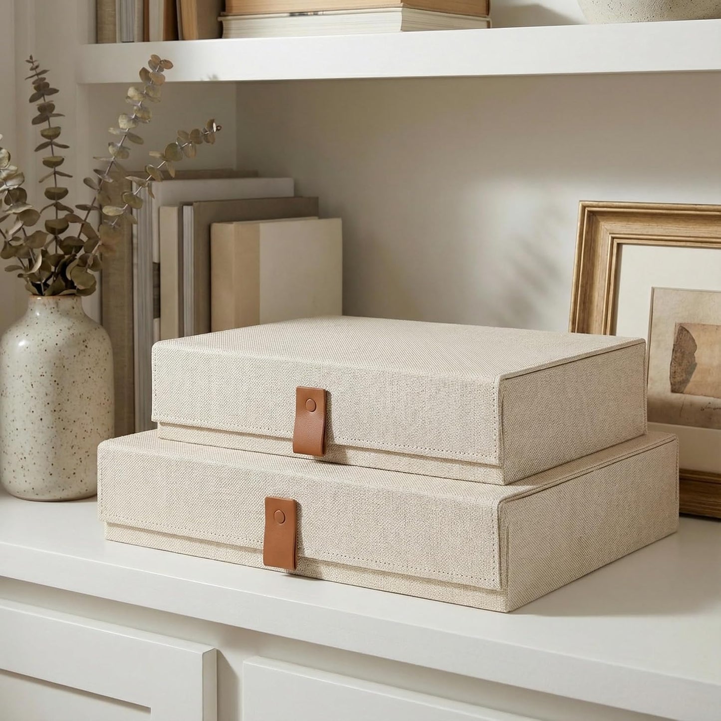 Set of 2 Decorative Linen Photo Storage Boxes with Lids - Stylish Organizers for Keepsakes