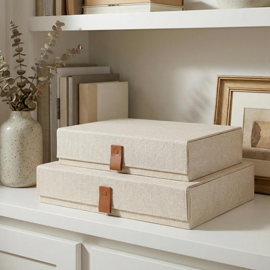Set of 2 Decorative Linen Photo Storage Boxes with Lids - Stylish Organizers for Keepsakes