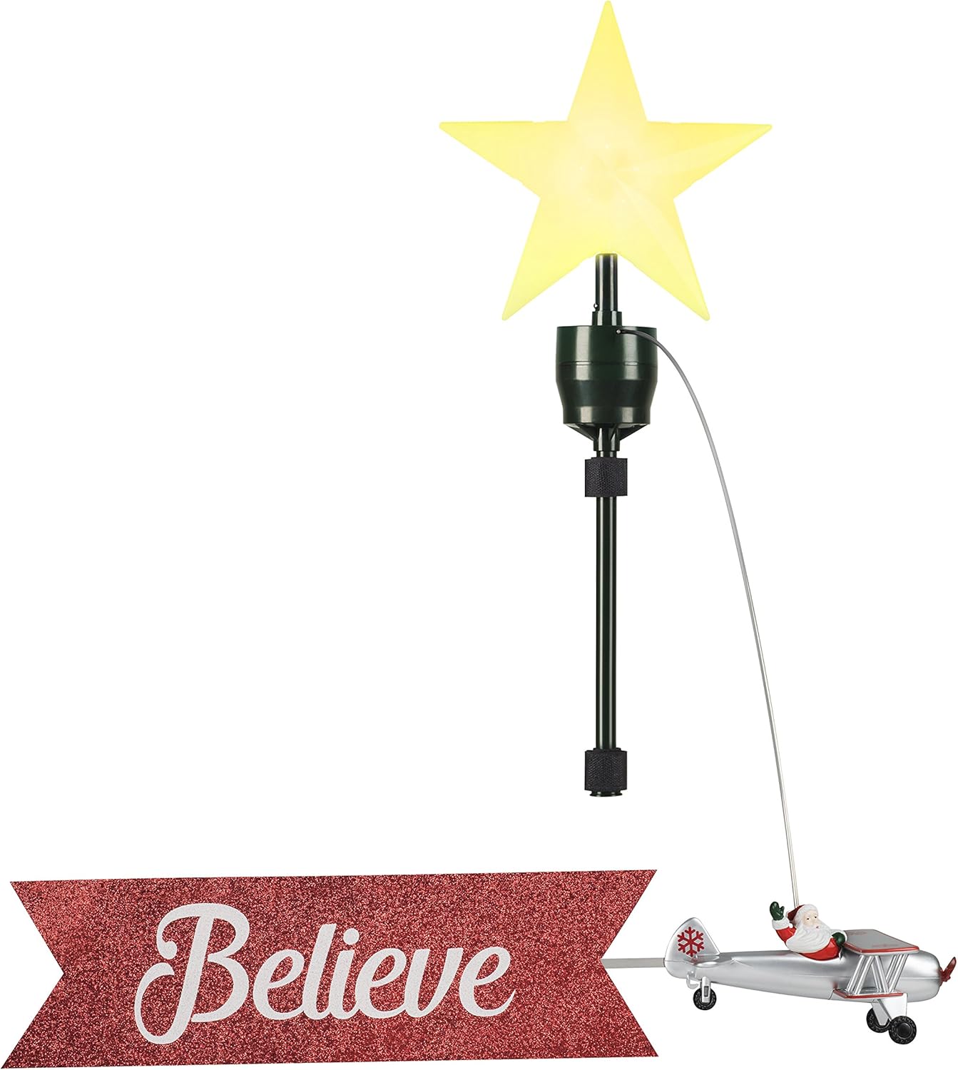 Santa's Animated Bi-Plane Christmas Tree Topper - White with Banner, LED Star, and Velcro Straps