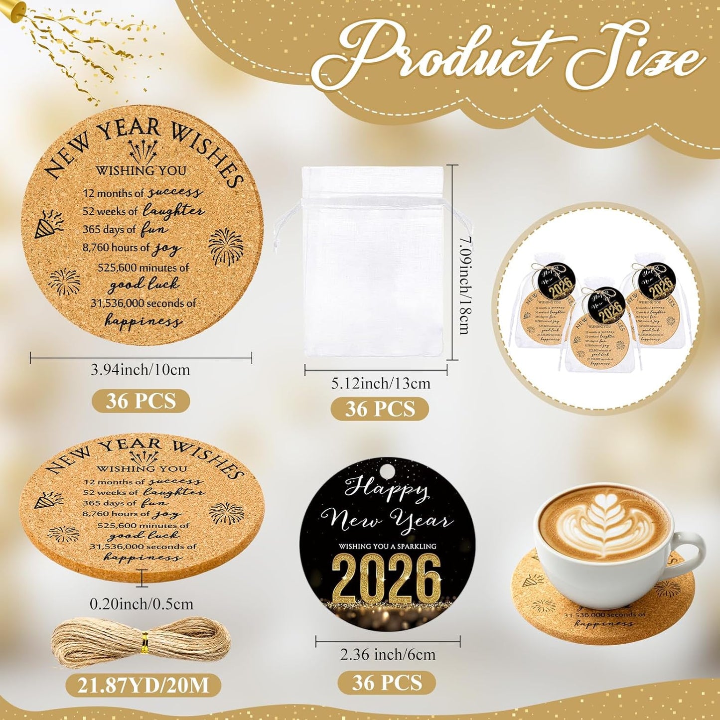 20 Sets Happy New Year Gifts - Cork Coasters with Blessing Cards for Guests (3.94" Cup Holders)