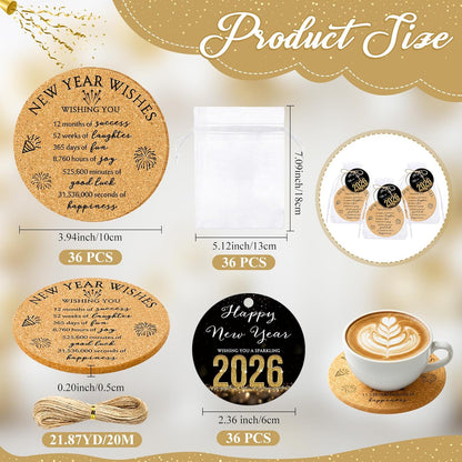 20 Sets Happy New Year Gifts - Cork Coasters with Blessing Cards for Guests (3.94" Cup Holders)