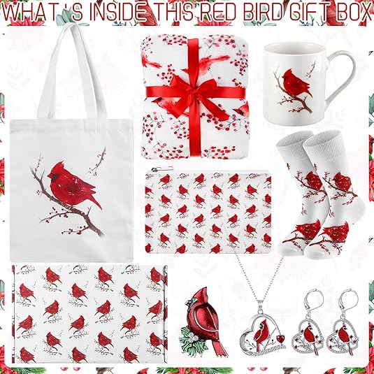 8-Piece Cardinal Gift Set for Women – Blanket, Jewelry, Mug, Bags & Socks