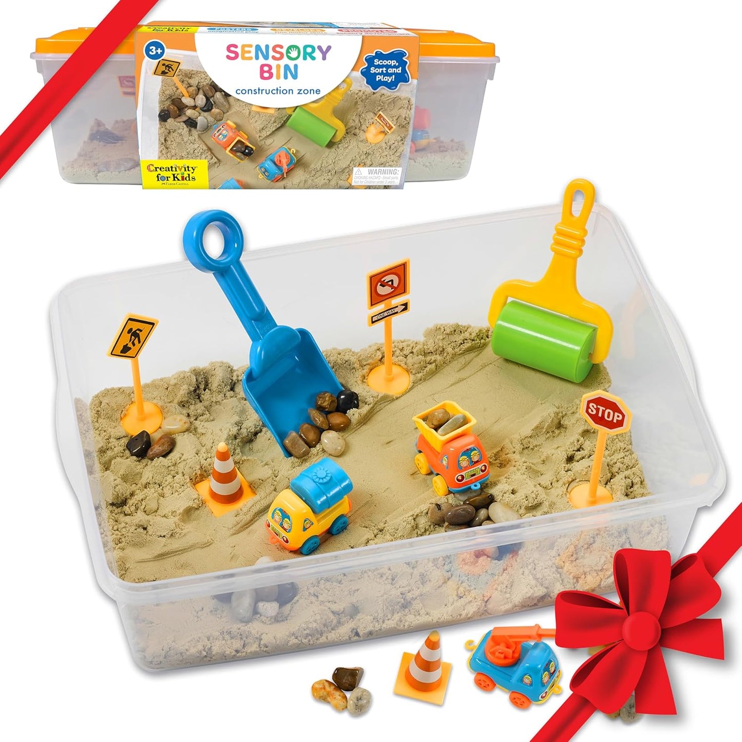 Construction Zone Sensory Bin Playset - Excavator Toys for Ages 3-5