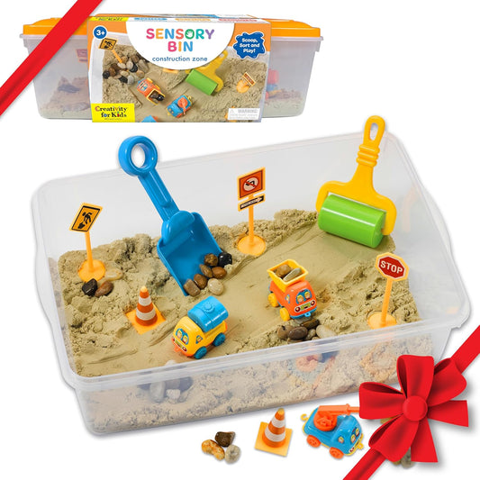 Construction Zone Sensory Bin Playset - Excavator Toys for Ages 3-5