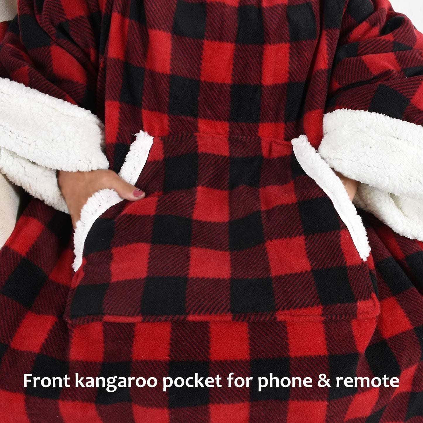 Sherpa Wearable Blanket with Sleeves – Super Soft, Warm Fleece TV Throw for Adults (Buffalo Plaid)