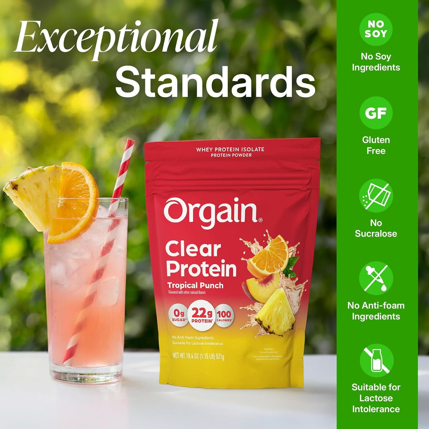 Orgain Clear Whey Isolate Protein Powder – Tropical Punch, 22g Protein, 0g Sugar – 18.4 oz, 18 Servings