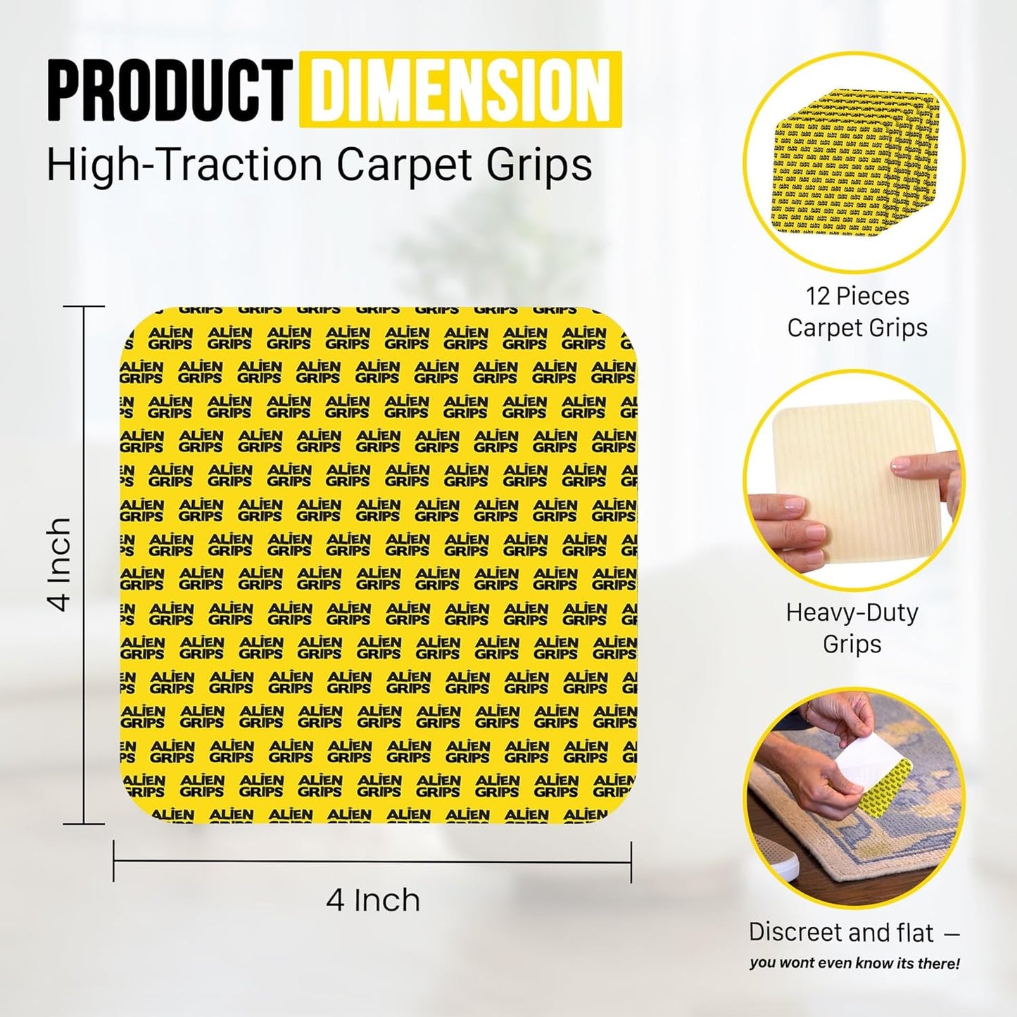 Non-Slip Rug Tape – Double-Sided Gripper Pads (12 pcs, 4" x 4")
