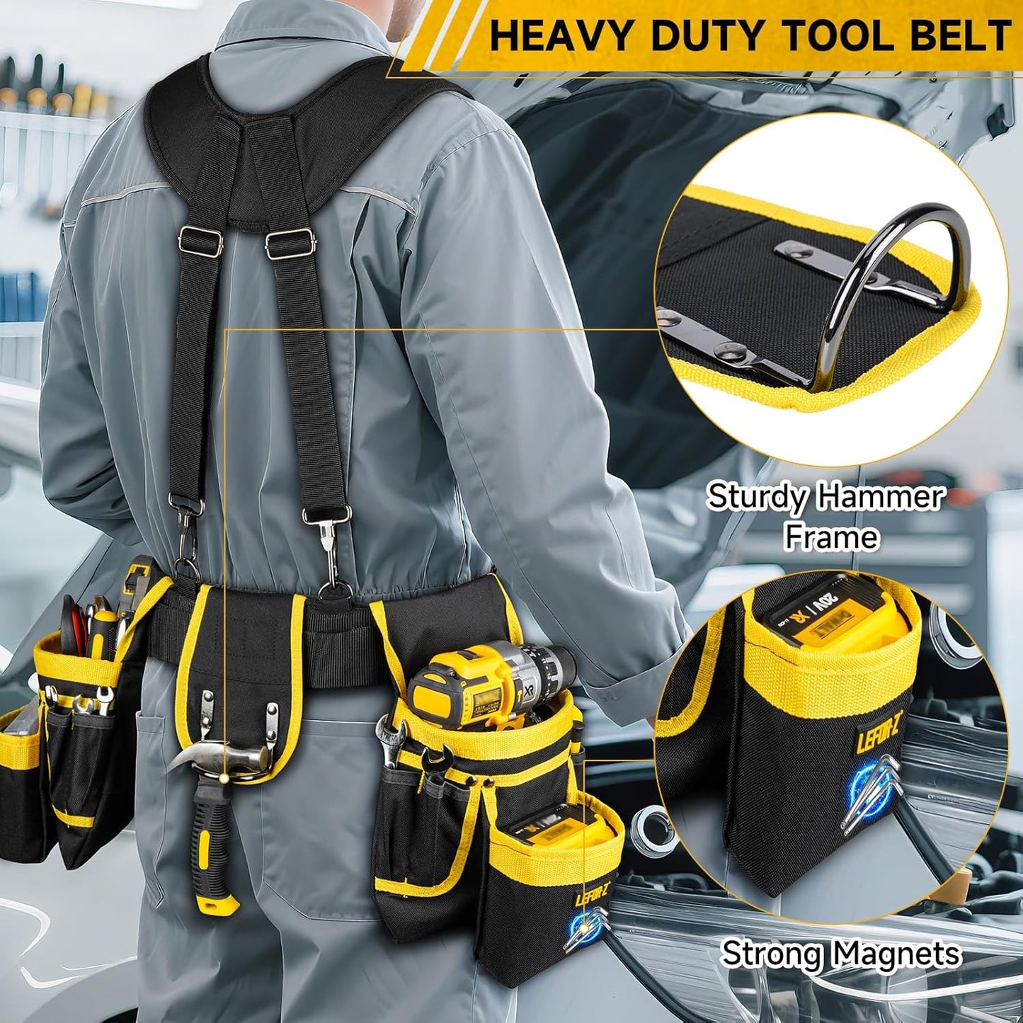 Tool Belt with Suspenders for Men–27 Pocket Heavy-Duty Adjustable Work Belt for Electrician, Carpenter & Construction