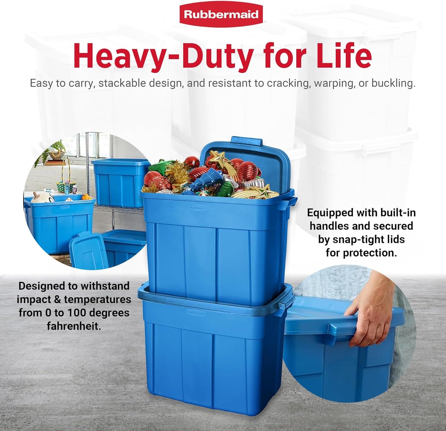 18 Gal Roughneck Tote Storage Bins – Rugged Stackable Plastic with Lids & Handles – Heritage Blue (6 Pack) – Made in USA