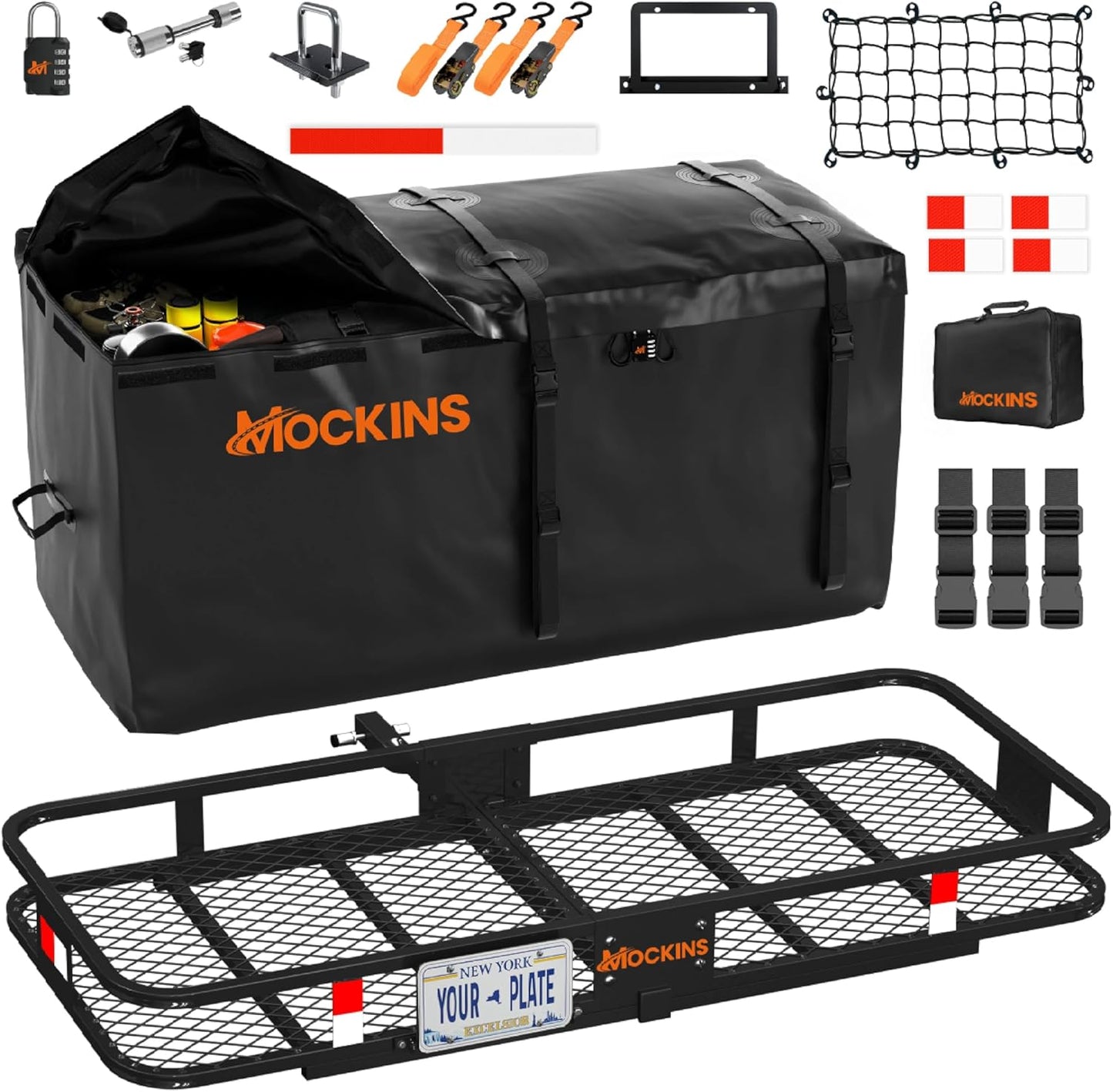 Heavy-Duty Folding Hitch Cargo Carrier – 60" x 24" x 6" 500 lb Capacity with 25 Cu. Ft. Waterproof Cargo Bag, License Plate Bracket & Accessories