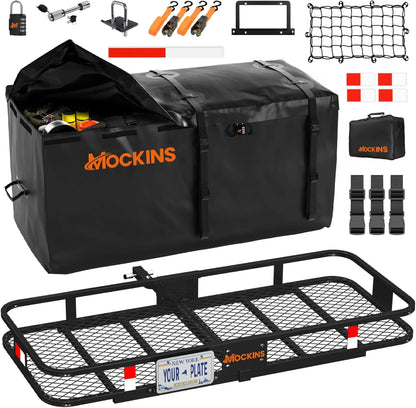 Heavy-Duty Folding Hitch Cargo Carrier – 60" x 24" x 6" 500 lb Capacity with 25 Cu. Ft. Waterproof Cargo Bag, License Plate Bracket & Accessories