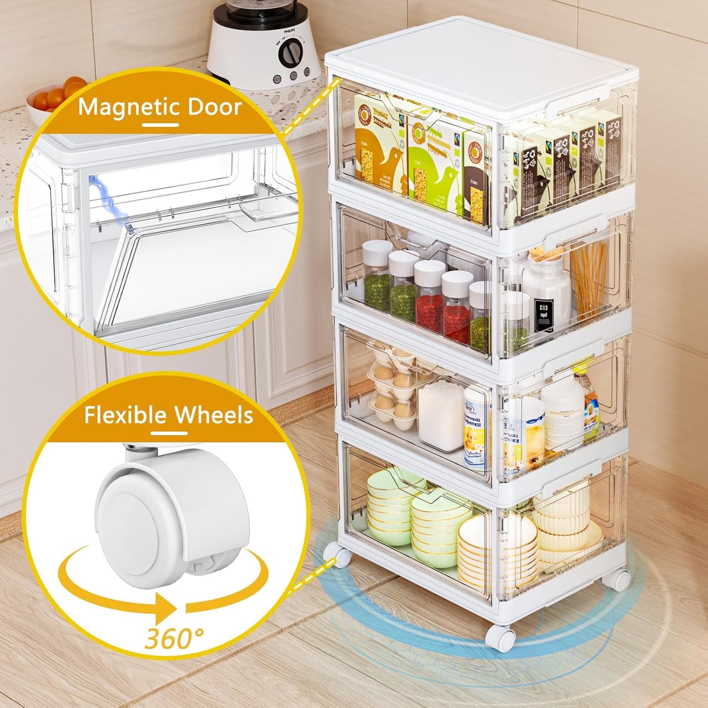24 QT Portable Clear Storage Bins with Lid & Wheels - Stackable 4-Tier Organizer with Magnetic Doors for Home & Office
