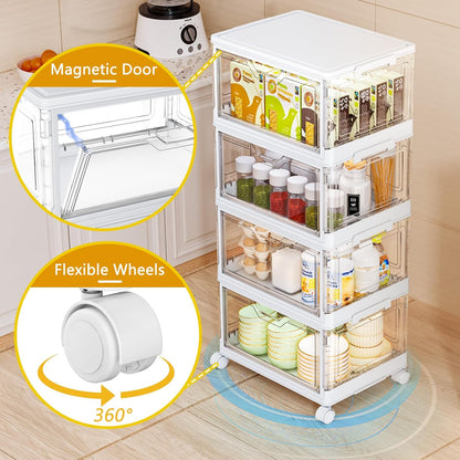 24 QT Portable Clear Storage Bins with Lid & Wheels - Stackable 4-Tier Organizer with Magnetic Doors for Home & Office