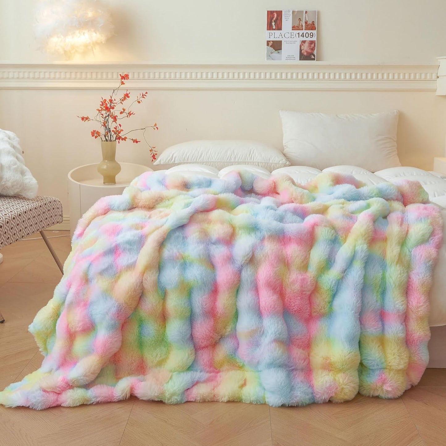 Fluffy Faux Rabbit Fur Bubble Throw – Rainbow Plush Shaggy Blanket (50" x 60")