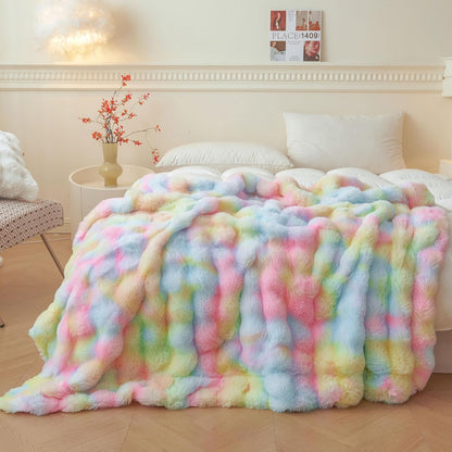 Fluffy Faux Rabbit Fur Bubble Throw – Rainbow Plush Shaggy Blanket (50" x 60")
