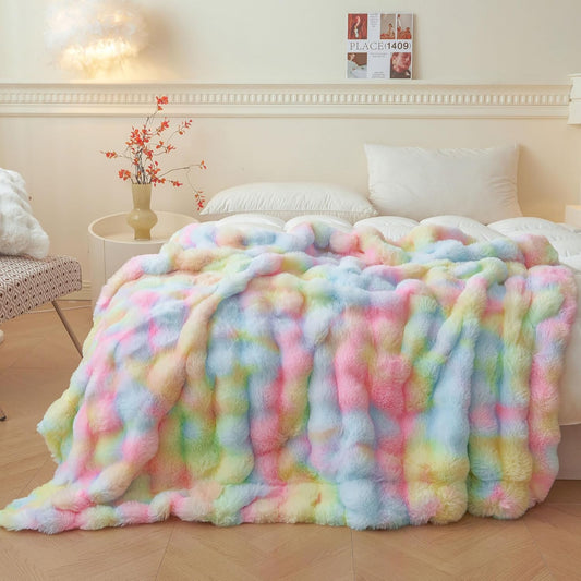 Fluffy Faux Rabbit Fur Bubble Throw – Rainbow Plush Shaggy Blanket (50" x 60")