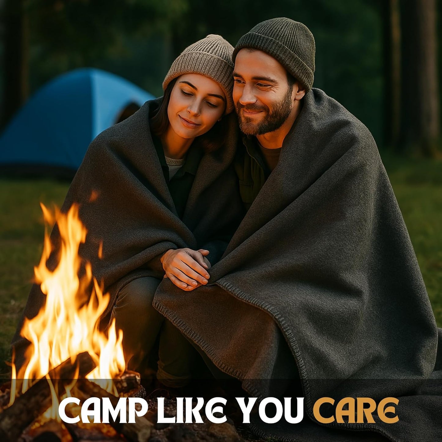 Wool Camping Blanket – Heavy-Duty Military Style, Warm & Washable (Grey, 62" x 84")