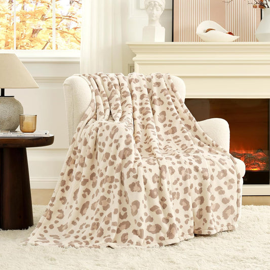 Leopard Print Fuzzy Throw Blanket – Thick Soft Fleece for Couch & Bed (Khaki Brown, 50" x 60")