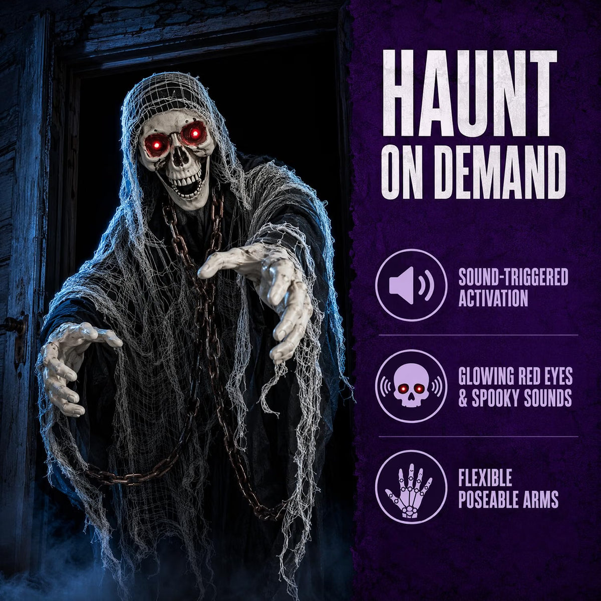 6 FT Sound-Controlled Swinging Skeleton Ghost – Scary Animated Halloween Decoration for Indoor & Outdoor Décor