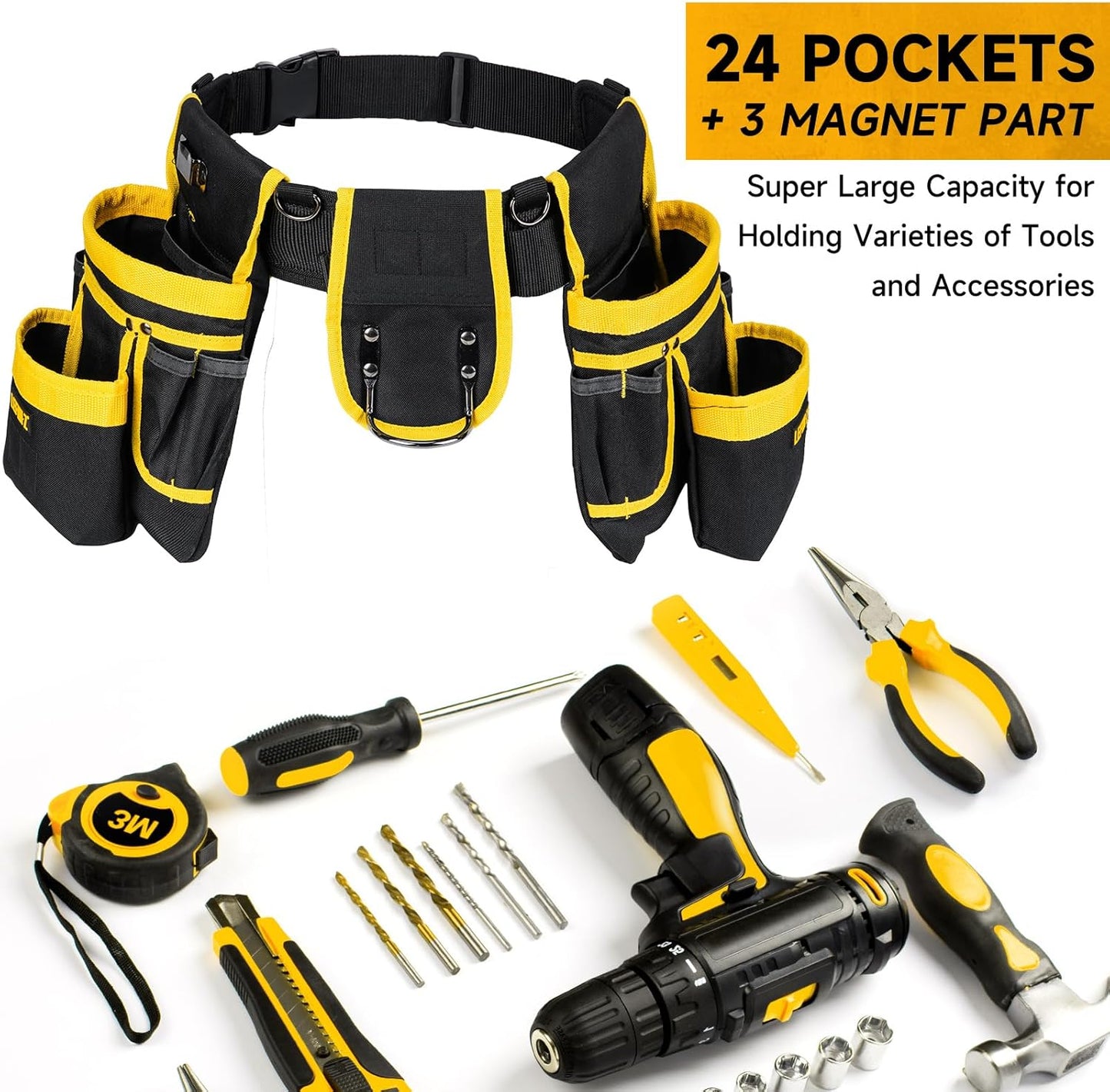 Tool Belt with Suspenders for Men–27 Pocket Heavy-Duty Adjustable Work Belt for Electrician, Carpenter & Construction