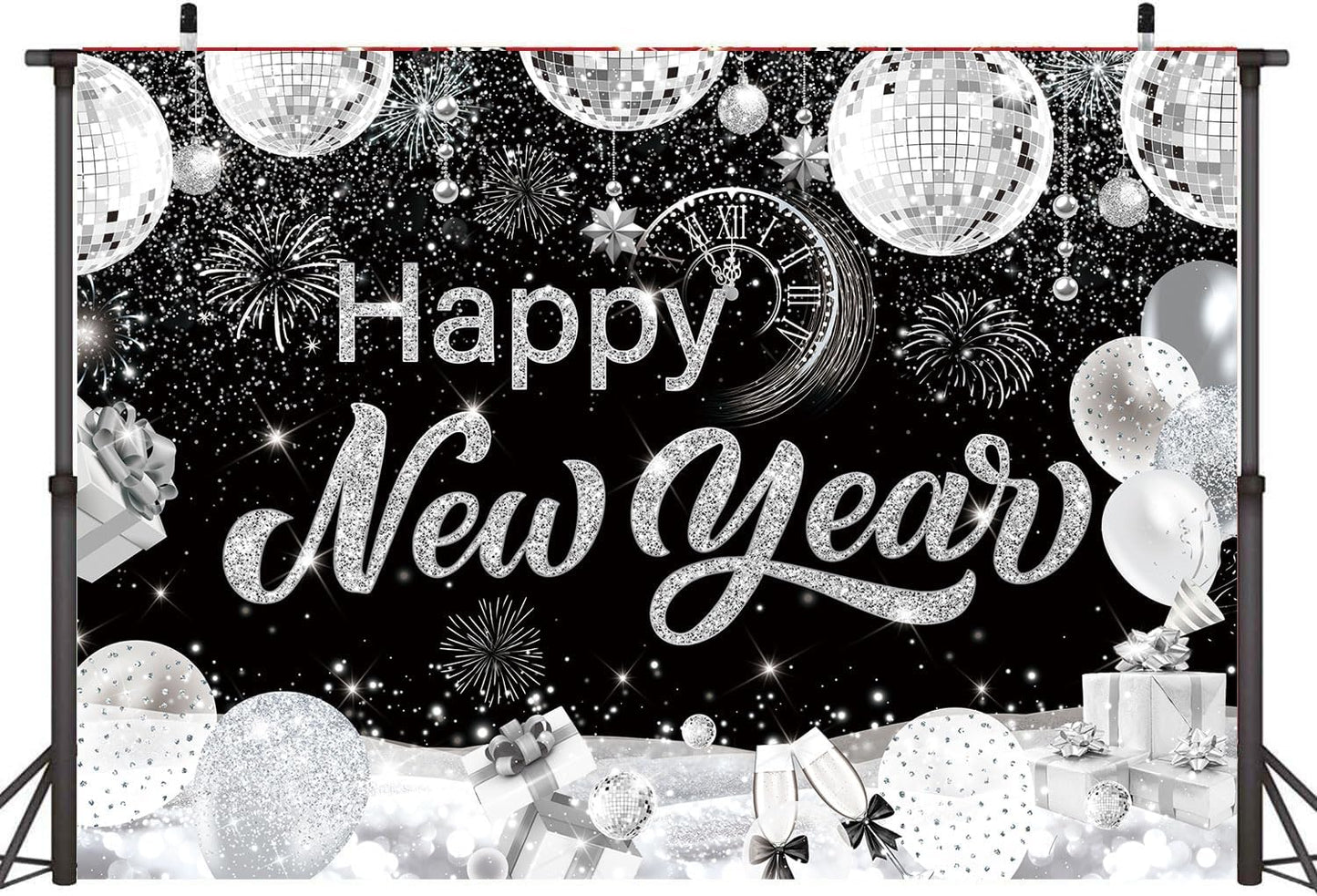 2026 Happy New Year Backdrop – 10x8 FT Black & Silver Photo Background with Fireworks & Champagne