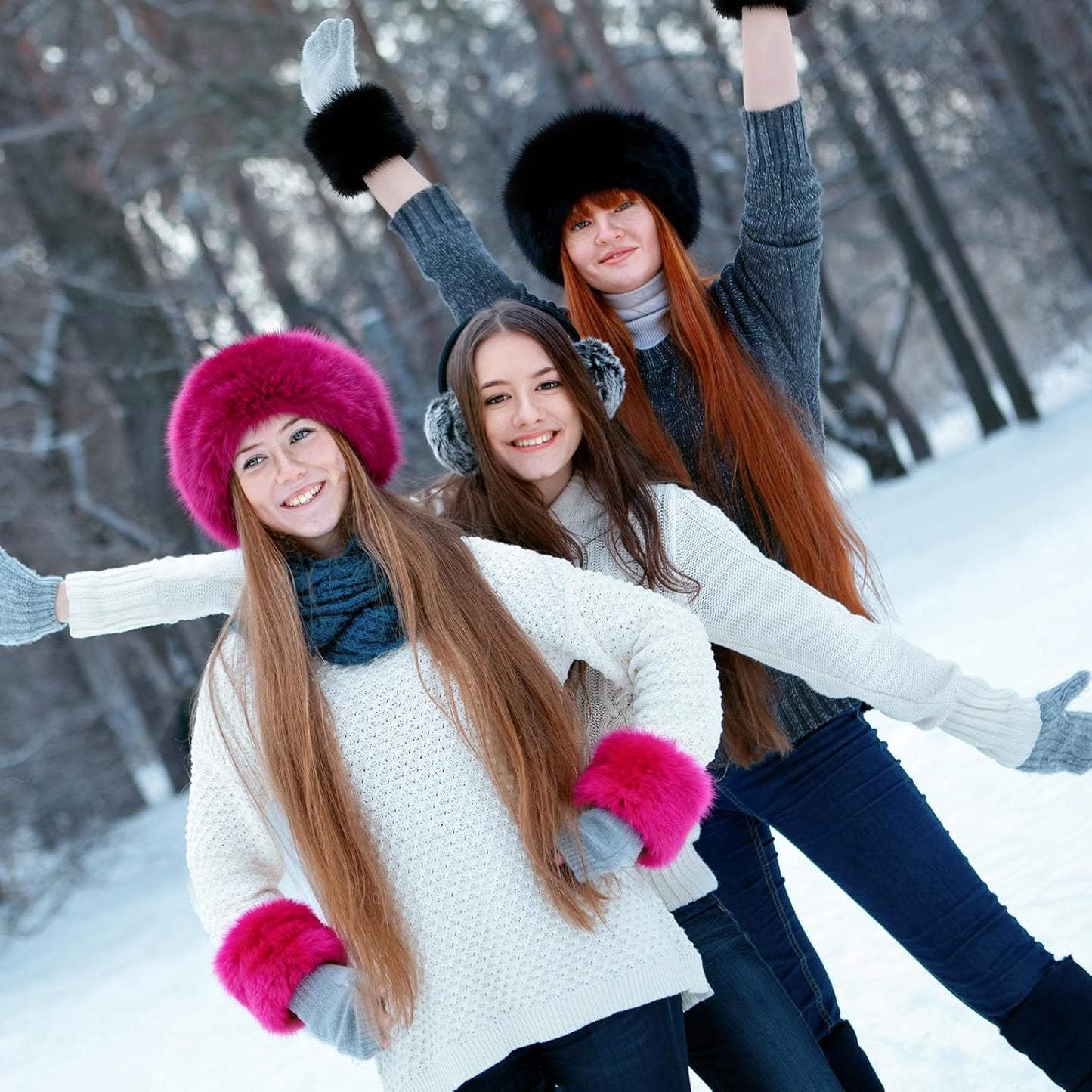 6-Piece Faux Fur Winter Accessories Set – Ear Warmer Headband, Wrist Cuffs & Leg Warmers (Rose Red/Black)
