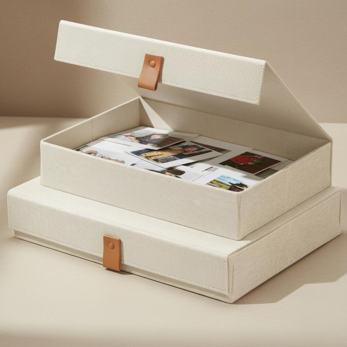 Set of 2 Decorative Linen Photo Storage Boxes with Lids - Stylish Organizers for Keepsakes