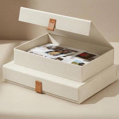 Set of 2 Decorative Linen Photo Storage Boxes with Lids - Stylish Organizers for Keepsakes
