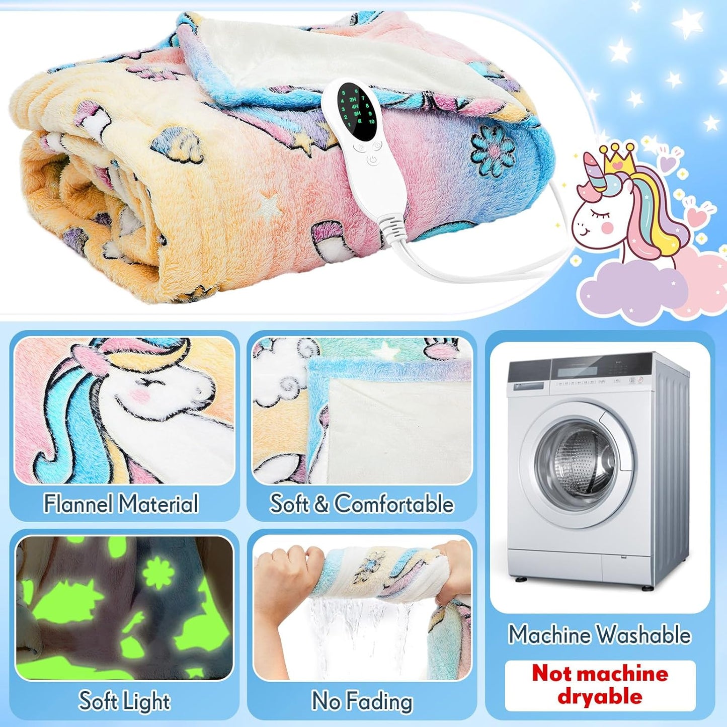 Kids Heated Unicorn Blanket – Glow-in-the-Dark Electric Throw with Auto Shut-Off (50" x 60")