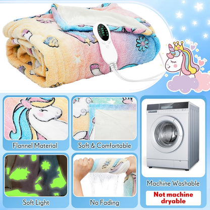 Kids Heated Unicorn Blanket – Glow-in-the-Dark Electric Throw with Auto Shut-Off (50" x 60")