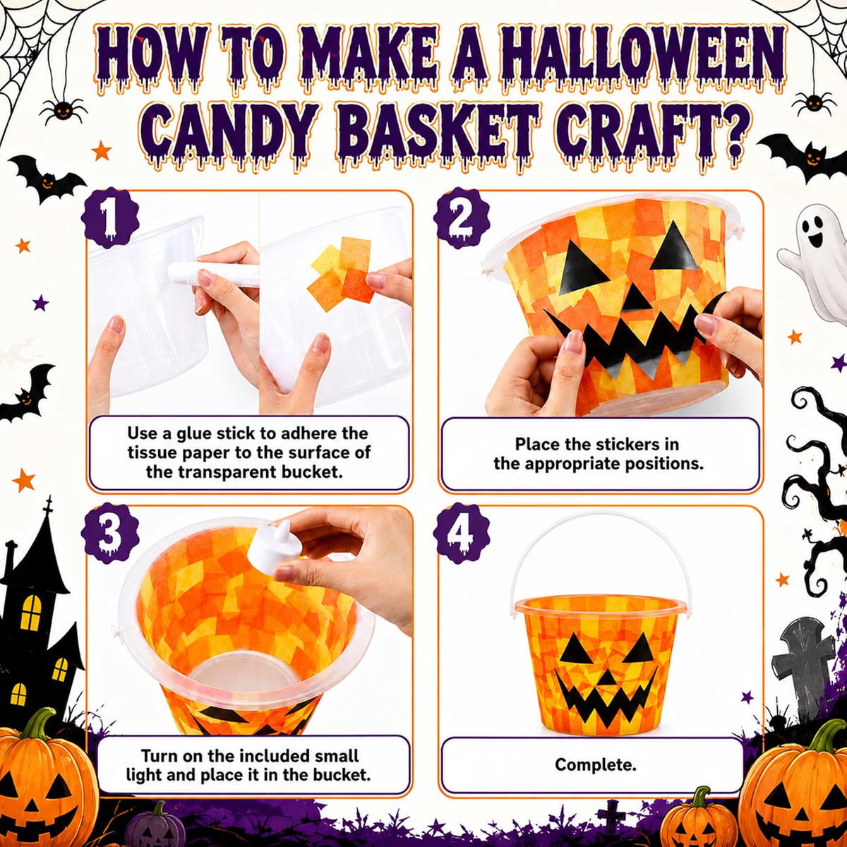 12-Set Halloween Jack-O'-Lantern Candy Basket Craft Kit – DIY Pumpkin Arts & Crafts Activity for Kids