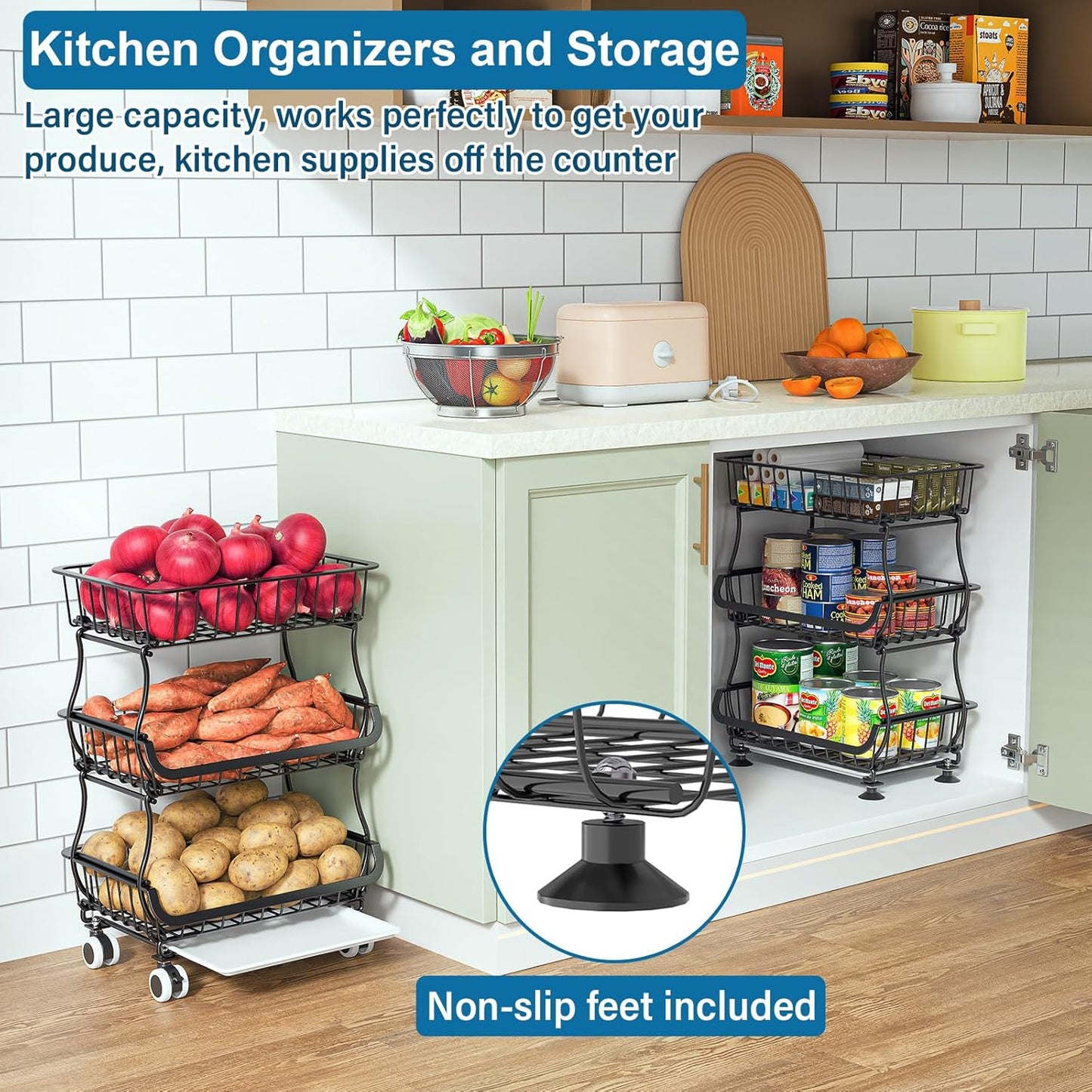 3-Tier Rolling Pantry Organizer Cart – Stackable Wire Baskets for Kitchen, Fruit & Snack Storage with Wheels